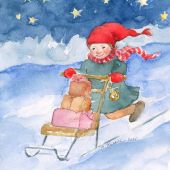 Tonttu potkukelkalla, joulukortti